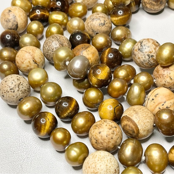 Pearl + Tiger Eye + Jasper Long Bead Necklace - Picture 2 of 6